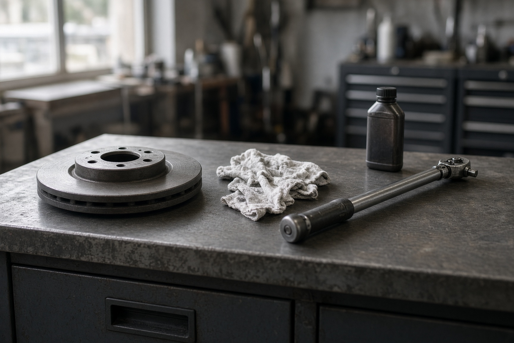 A brake rotor, torque wrench, and brake fluid arranged on a steel workbench.