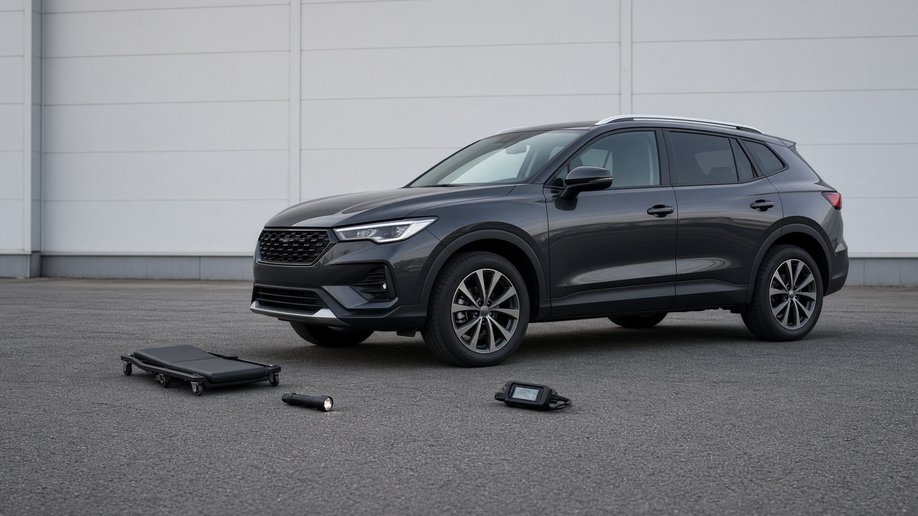 A dark SUV parked on its wheels, with a creeper, flashlight, and scan tool on the pavement.